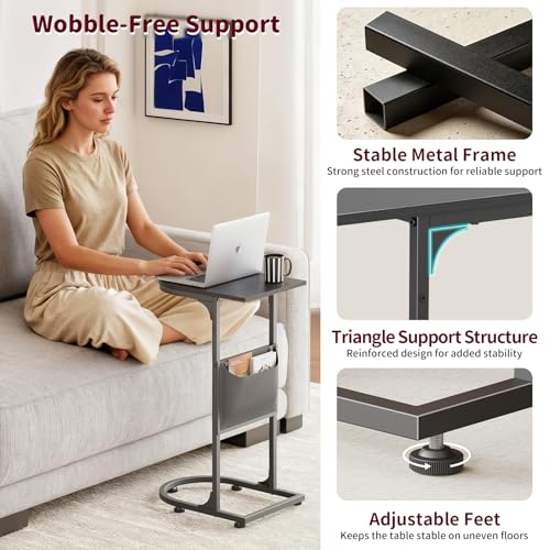 C Shaped End Table, Slide Under Small Side Table for Couch & Small Spaces | Wobble-Free C Table For Sofa, Black, Storage Bag, Sturdy Metal Frame, Wood Top, Living Room & Bedroom, 15-Min Quick Assembly - color: Classic Black