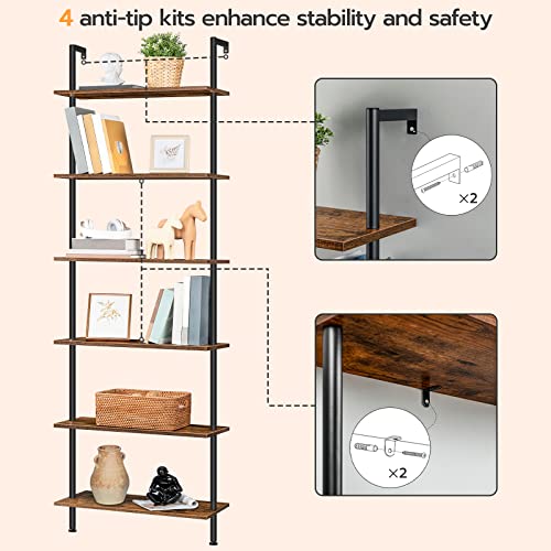 HOOBRO DIY Ladder Shelf, 6-Tier Wall Mounted Bookshelf, Office Vertical Bookcase, Wooden Storage Shelves for Home Office, Bedroom, Rustic Brown and Black BF65CJ01 - color: Rustic Brown and Black