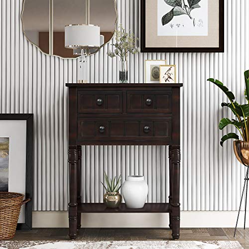 MTHOUSE Solid Wood Narrow Console Table, Entryway Table for Hallway & Living Room, Slim Sofa Table with 3 Drawers & Shelf, Easy Assembly Storage Furniture (Espresso) - color: Espresso