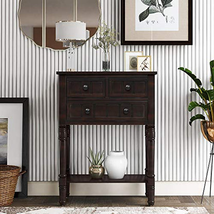 MTHOUSE Solid Wood Narrow Console Table, Entryway Table for Hallway & Living Room, Slim Sofa Table with 3 Drawers & Shelf, Easy Assembly Storage Furniture (Espresso) - color: Espresso