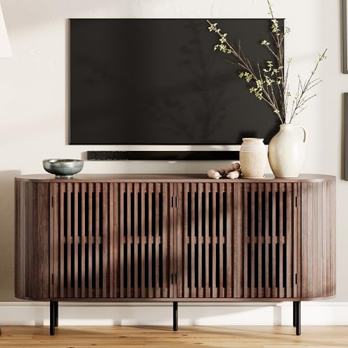 WAMPAT 64.4" Fluted TV Stand, Wood Entertainment Center for TVs Up to 70 inches, Curved Edge Media Console Table with Doors and Shelves for Living Room, Bedroom, Walnut - color: Walnut