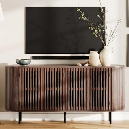 WAMPAT 64.4" Fluted TV Stand, Wood Entertainment Center for TVs Up to 70 inches, Curved Edge Media Console Table with Doors and Shelves for Living Room, Bedroom, Walnut - color: Walnut