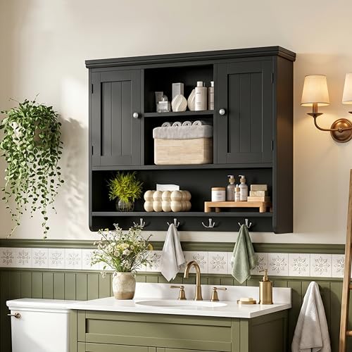 Bathroom Wall Cabinet with Doors and Hooks, 3-Tier Wall Mounted Cabinet | Modern Medicine Cabinet with 3 Open Shelves, Over the Toilet Storage Cabinet for Kitchen, Laundry Room, Living Room, Black - color: Black