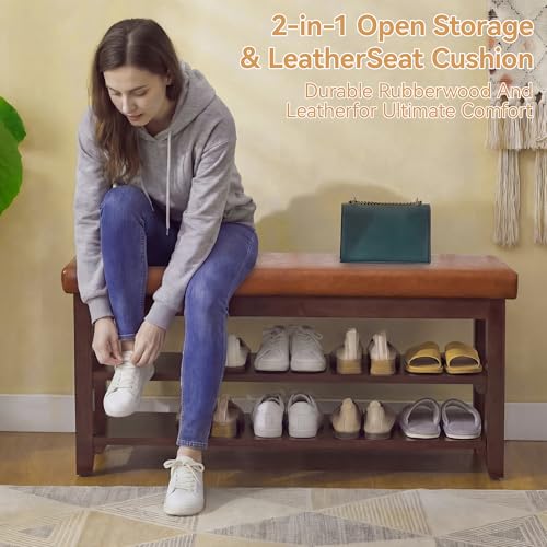 40" Faux Leather Shoe Storage Bench Entryway, Upholstered Bench with Leather Cushion, Solid Wooden 2 Tier Rack Shoe Organizer for Entry Way, Bedroom, Living Room, Light Brown - color: Light Brown
