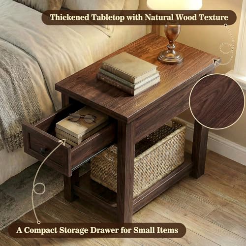 Armocity Narrow End Table with Charging Station - Farmhouse Side Table with Drawer, 14" Wide Wood Nightstand Slim Couch Bedside Table for Living Room Bedroom Small Spaces, Black Walnut - color: Black Walnut, size: 1 Pack
