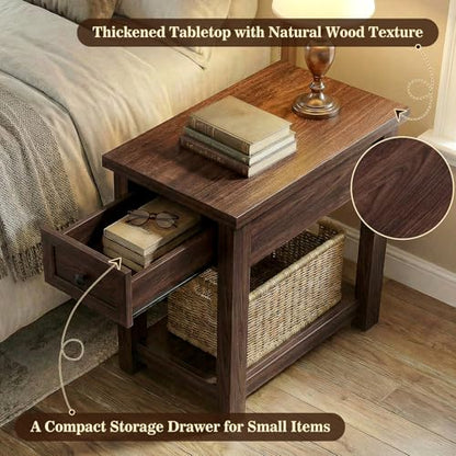 Armocity Narrow End Table with Charging Station - Farmhouse Side Table with Drawer, 14" Wide Wood Nightstand Slim Couch Bedside Table for Living Room Bedroom Small Spaces, Black Walnut - color: Black Walnut, size: 1 Pack