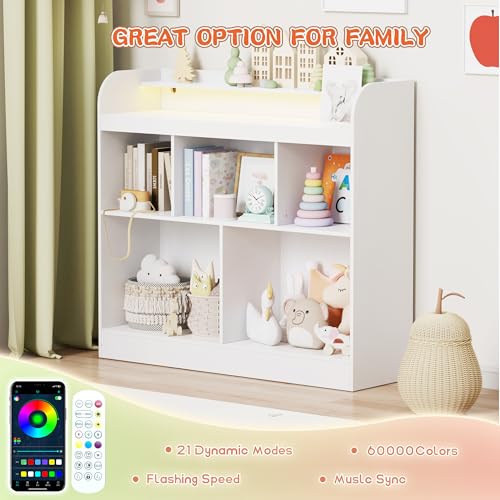 Lkeiyay Kids Bookshelf with LED Lights, Montessori Storage Unit, White | Freestanding open cubby kids bookcase with LED light, rounded safety edges, perfect for kids bedroom, playroom & nursery - color: All White