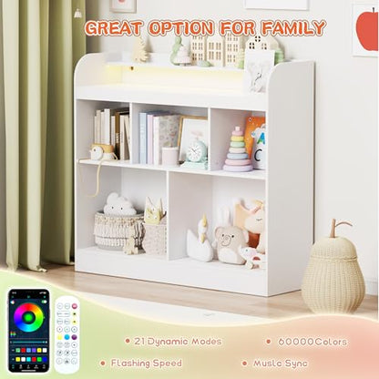 Lkeiyay Kids Bookshelf with LED Lights, Montessori Storage Unit, White | Freestanding open cubby kids bookcase with LED light, rounded safety edges, perfect for kids bedroom, playroom & nursery - color: All White