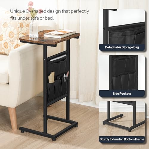 HOOBRO C Shaped End Table, 28.3" Side Table for Small Spaces, Couch Table, Slide Under Sofa Tray Table, Storage Bag, for Living Room, Bedroom, Rustic Brown and Black BF40SF01 - color: Rustic Brown + Black