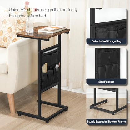 HOOBRO C Shaped End Table, 28.3" Side Table for Small Spaces, Couch Table, Slide Under Sofa Tray Table, Storage Bag, for Living Room, Bedroom, Rustic Brown and Black BF40SF01 - color: Rustic Brown + Black