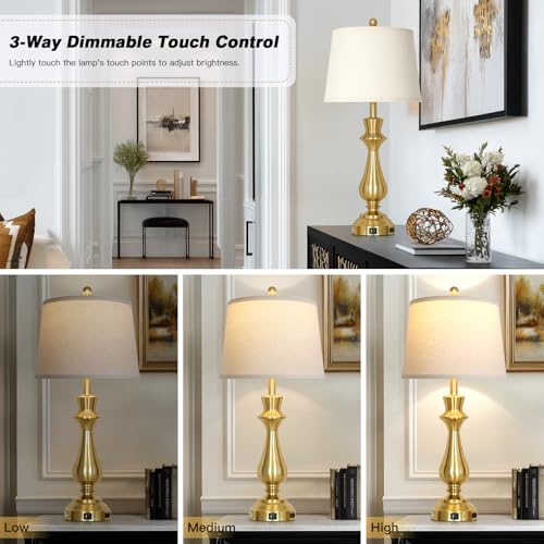 Touch Lamps for Night Stands Set of 2-29.5" Tall Bedside Lamp with USB C+A, 3 Way Dimmable Bedroom Lamps, Gold Metal Table Lamps for Living Room - color: Gold