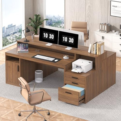 YOMILUVE Computer Desk with 3 Drawers & Storage Shelves, 65 Inch Home Office Desk with File Drawer & Cabinet, Writing Study Desks with Monitor Stand & Printer Shelf, Executive Desk, Brown - color: Brown