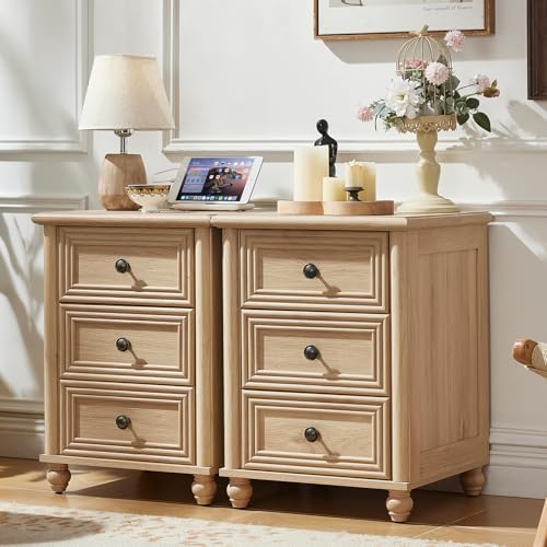 RWYHG 18" Nightstands Set of 2 with Charging Station & 3 Drawers | Farmhouse Modern Night Stand, Bedside Table with Metal Handle, Bed Side End Tables for Bedroom Living Room (Natural) - color: Natural, size: 18"D x 18"W x 24"H (3 Drawers)