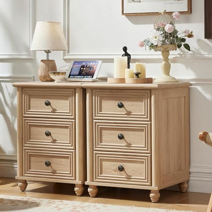 RWYHG 18" Nightstands Set of 2 with Charging Station & 3 Drawers | Farmhouse Modern Night Stand, Bedside Table with Metal Handle, Bed Side End Tables for Bedroom Living Room (Natural) - color: Natural, size: 18"D x 18"W x 24"H (3 Drawers)