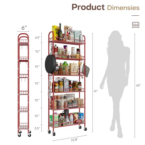 Slim Rolling Storage Cart 6 Tier, Metal Kitchen Rolling Utility Cart with Lockable Wheels for Kitchen, Bathroom, Office, Laundry Room, Small Narrow Spaces (Red 6 Inches) - size: Red 6 Inches