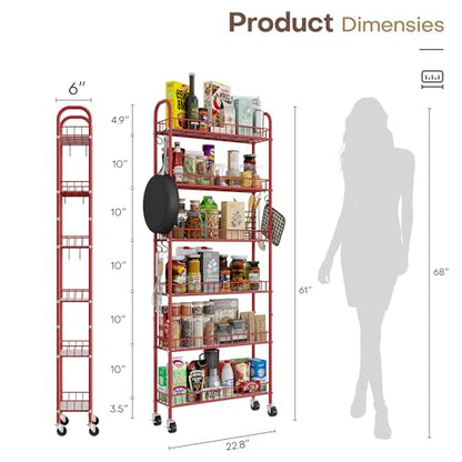 Slim Rolling Storage Cart 6 Tier, Metal Kitchen Rolling Utility Cart with Lockable Wheels for Kitchen, Bathroom, Office, Laundry Room, Small Narrow Spaces (Red 6 Inches) - size: Red 6 Inches