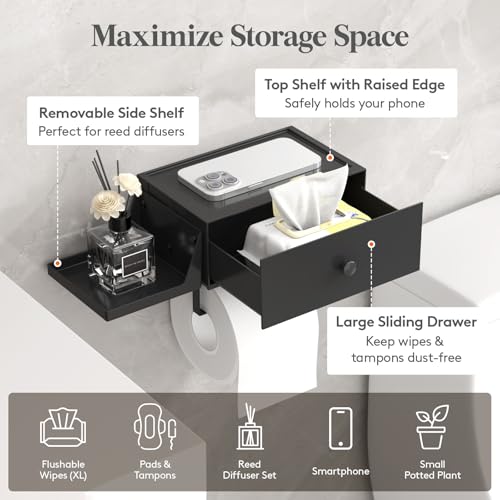 Lifewit Plastic Toilet Paper Holder with Shelf and Drawer, Screw or Adhesive Wall Mount Tissue Roll Storage, Sturdy Bathroom Wipes Dispenser Organizer, Black, 1 Pack - color: Black