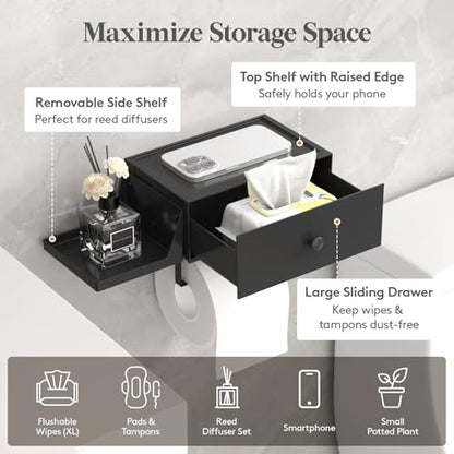 Lifewit Plastic Toilet Paper Holder with Shelf and Drawer, Screw or Adhesive Wall Mount Tissue Roll Storage, Sturdy Bathroom Wipes Dispenser Organizer, Black, 1 Pack - color: Black