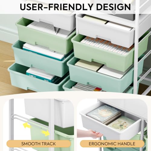 Rolling cart with 8 drawers,Storage drawer cart with wooden tabletop,Lockable wheels organizer for homeschool, arts & crafts, classroom, office & creative spaces (Green) - color: Green