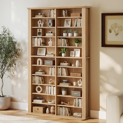 LEVNARY 71" Media Storage Tower, 22-Compartment Multimedia Cabinet with Adjustable Shelves, Fluted Grooved Sides, Anti-Tip Kit, for Movies, Games and Books (Natural) - color: Natural