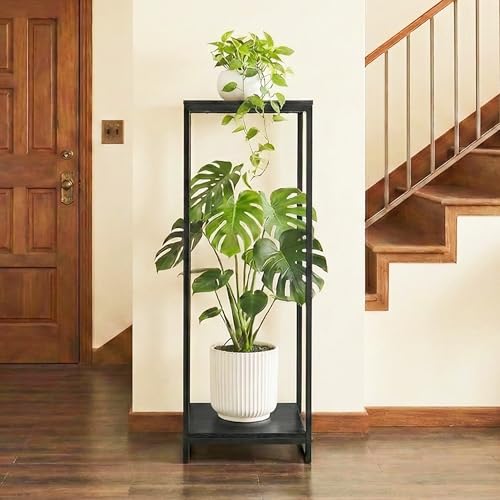 34" Tall 2-Tier Corner Plant Stand Indoor, Black | Functions as Flower Pots, Shelf, Decor Rack, Holder; Metal Frame with MDF Boards; for Living Room, Balcony; Modern Design