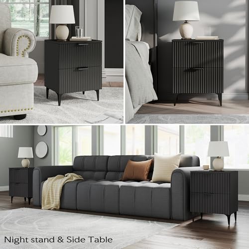 Black Fluted Nightstand Set of 2, Modern Night Stands with 2 Drawers | Bedside Table for Twin/Full/Queen Bed, End Table with Robot-friendly Metal Legs for Bedroom, Living Room - color: 2 Drawers-2pcs-black