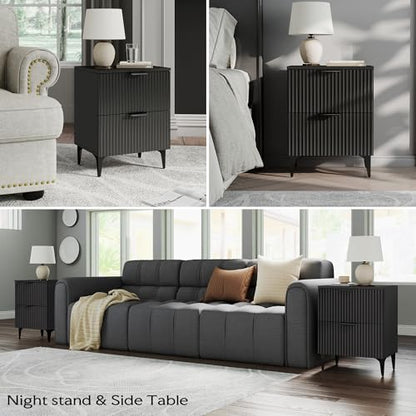 Black Fluted Nightstand Set of 2, Modern Night Stands with 2 Drawers | Bedside Table for Twin/Full/Queen Bed, End Table with Robot-friendly Metal Legs for Bedroom, Living Room - color: 2 Drawers-2pcs-black