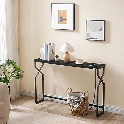 MAHANCRIS 44.9" Sofa Table, 9.4" Narrow Console Table with Charging Station, Couch Table Behind Sofa with Outlet, Entryway Table with Display Shelf, Living Room, Black CTHB113E01 - color: Black