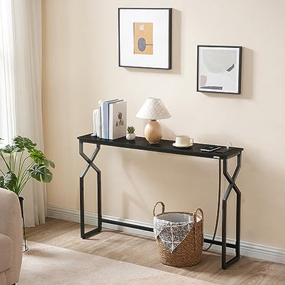 MAHANCRIS 44.9" Sofa Table, 9.4" Narrow Console Table with Charging Station, Couch Table Behind Sofa with Outlet, Entryway Table with Display Shelf, Living Room, Black CTHB113E01 - color: Black