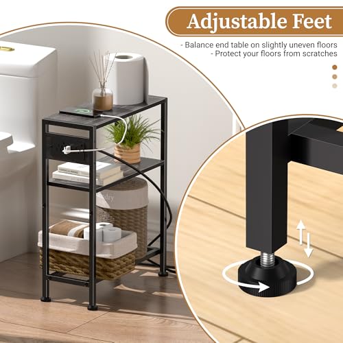 Small Narrow Side Table with Charging Station, Skinny End Table for Small Spaces, Slim Nightstand with Outlets, Sofa Bedside Table in Living Room, Bedroom, Study, Kitchen and Balcony(Grey) - color: Grey
