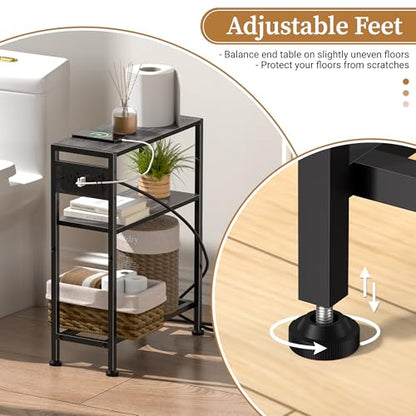 Small Narrow Side Table with Charging Station, Skinny End Table for Small Spaces, Slim Nightstand with Outlets, Sofa Bedside Table in Living Room, Bedroom, Study, Kitchen and Balcony(Grey) - color: Grey