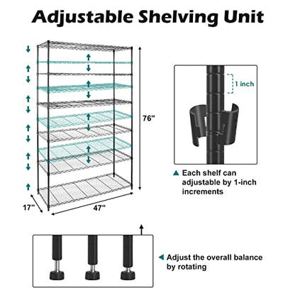 NSF Certified Storage Shelves on Wheels, Heavy Duty Metal Shelves for Storage with Adjustable Stand, 6-Tier Wire Shelving Unit for Garage Pantry Kitchen Shelf Rack(17" W*47" D*80" H), Black - size: 6tier 47"D x 14"W x 80"H