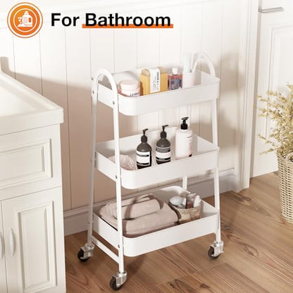 NEWBULIG 3-Tier Metal Rolling Cart with Lockable Wheels, Heavy Duty Mobile Utility Storage Shelf, Roller Book Snack Cart, Organization for Livingroom, Bathroom, Office, White | Mobile Organizer Shelf, Space-Saving, Freestanding, Bathroom, Living Room, Sli