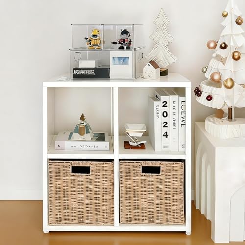 IRONMIX Metal 4 Cube Storage Organizer with 2 Storage Basket, Short Bookshelf with Storage, Horizontal Bookshelf, 2 Tier Open Bookcase Cube Shelf for Home Office Library (White, 700 with Basket) - color: White, size: 700-4 Cube with Basket