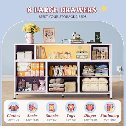 WLIVE Purple Dresser TV Stand for 45, 50, 55 inch TV, Entertainment Center with LED Lights & Charging Station, Chest of Drawers with 8 Fabric Drawers and Open Shelves for Living Room, Hallway - color: Purple