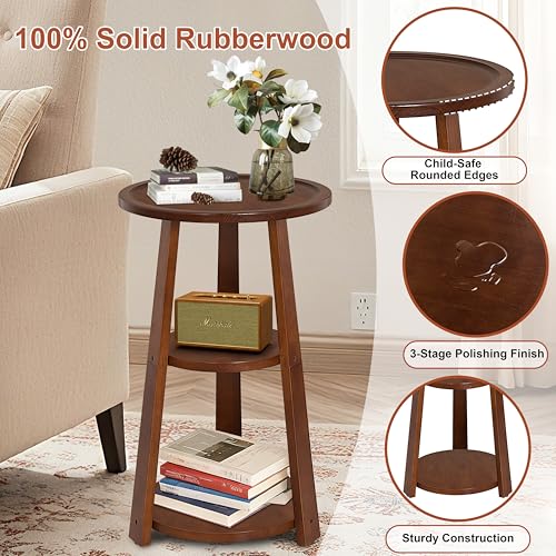 3-Tier Round Side Table, Solid Wood End Table & Nightstand for Small Spaces, Compact Accent Table for Living Room, Bedroom, Office (Red Brown Finish) - color: Red Brown