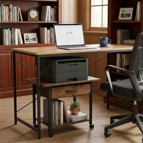 22" x 15" Under Desk Rolling Printer Stand, 2-Tier Industrial Mobile Printer Table with Strong Fabric Drawer,Storage Shelf, Steel Frame and Lockable Wheels, Printer Cart for Home Office (Rustic Brown) - color: Rustic Brown