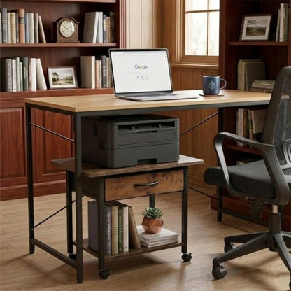22" x 15" Under Desk Rolling Printer Stand, 2-Tier Industrial Mobile Printer Table with Strong Fabric Drawer,Storage Shelf, Steel Frame and Lockable Wheels, Printer Cart for Home Office (Rustic Brown) - color: Rustic Brown