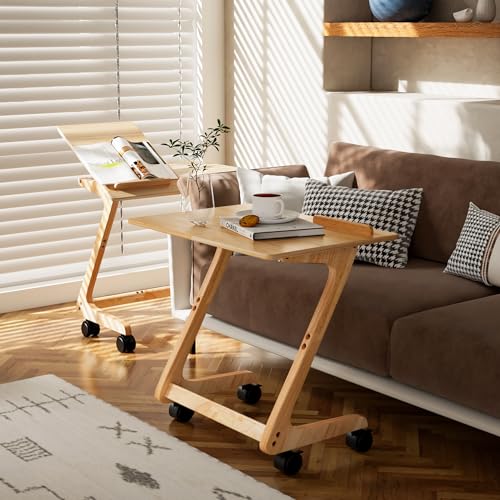 TV Tray Table, TV Dining Table with Casters for Small Spaces, Solid Wood End Table, Sofa Couch Side Table Removable Snack Tray for Coffee Bed Sofa Eating Writing Reading Living Room Bedroom - color: Natural