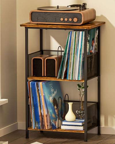 Honkazita 3 Tier Vinyl Record Storage Table Wooden Turntable Stand | holds up to 200 albums, now playing vinyl record stand, small bedside nightstand for bedroom, music room record organizer