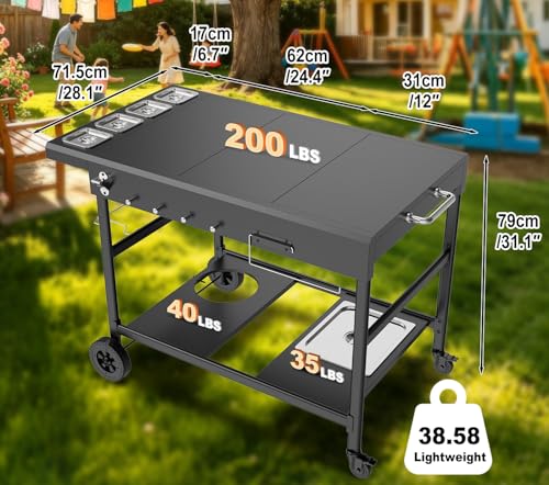 Outdoor Pizza Oven Table with Topping Station | Propane Tank Stand, Beverage Storage Tray, Seasoning Boxs, 4 Wheels, Hooks, Pizza Oven Table for Patio, Kitchen, Backyard