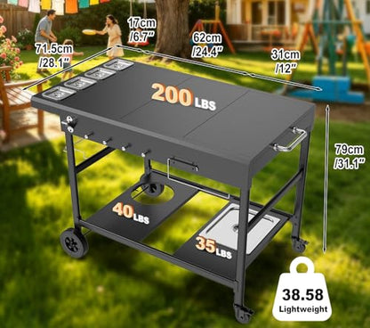 Outdoor Pizza Oven Table with Topping Station | Propane Tank Stand, Beverage Storage Tray, Seasoning Boxs, 4 Wheels, Hooks, Pizza Oven Table for Patio, Kitchen, Backyard