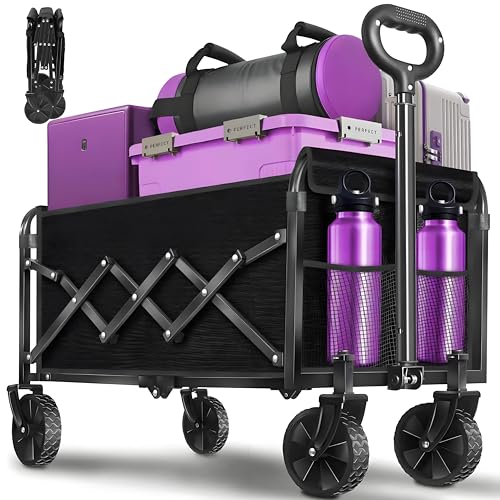 Wagons Carts Foldable,280 LBS Large Capacity Foldable Wagon Cart Collapsible Wagon with Wheels & Drink Holders,Utility Folding Cart for Camping Garden Beach Picinic Grocery Outdoor Shopping(Black) - size: 280LBS