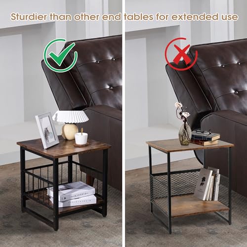 End Table, Industrial Side Table with 2-Tire Storage Shelf, 180LBS Mini Fridge Stand with Adjustable Feet, 18"x18" Wood Night Stand Small Bedside Table with Sturdy Metal Frame for Living Room Bedroom - color: Rustic Brown 1pc 18inch