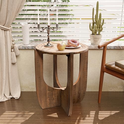 COZAYH Rustic Farmhouse Round End Table with Tray Top, Curved Legs, Brown | French Country Accent Side Table for Small Spaces, Family, Dinning or Living Room, Modern