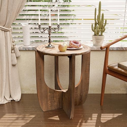 COZAYH Rustic Farmhouse Round End Table with Tray Top, Curved Legs, Brown | French Country Accent Side Table for Small Spaces, Family, Dinning or Living Room, Modern