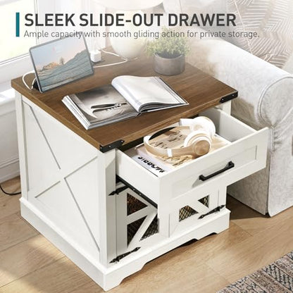RALGEND White Farmhouse End Table with Charging Station, 24" Large Sofa Side Table with Drawer, Large End Table for Living Room, Wooden Nightstand with Outlet, Square, White and Walnut - color: White and Walnut