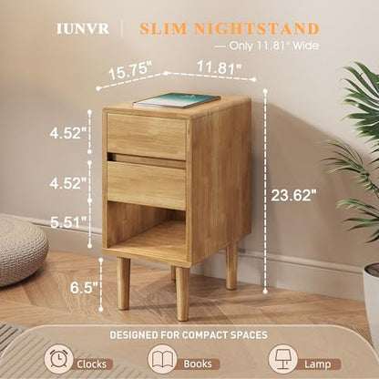 Nightstand 2 Drawers with Open Shelf Narrow Night Stand Solid Wood Bedside Table Mid Century Modern Nightstand Wooden End Table for Bedroom, Study, Office - color: Natural-2d, size: 15.75''×11.8''×23.62''