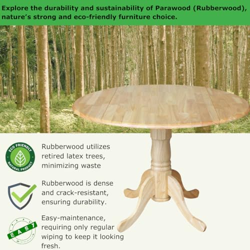 IC International Concepts, 42" Round Dual Drop Leaf Pedestal Dining Table, Solid Real Wood, Sturdy Parawood, Natural - color: Natural
