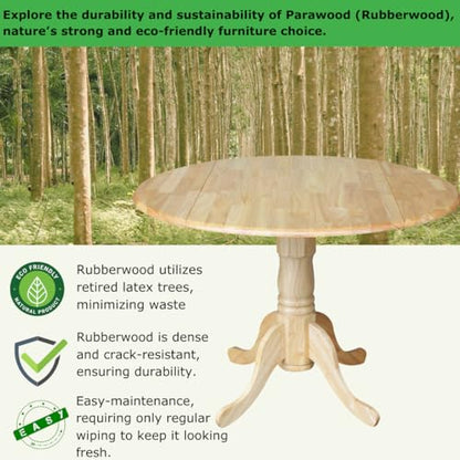 IC International Concepts, 42" Round Dual Drop Leaf Pedestal Dining Table, Solid Real Wood, Sturdy Parawood, Natural - color: Natural